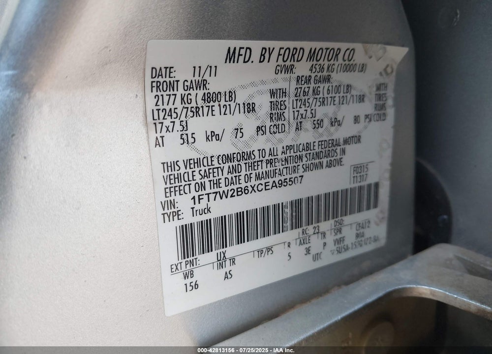 2012 FORD F-250 VIN: 1FT7W2B6XCEA95507