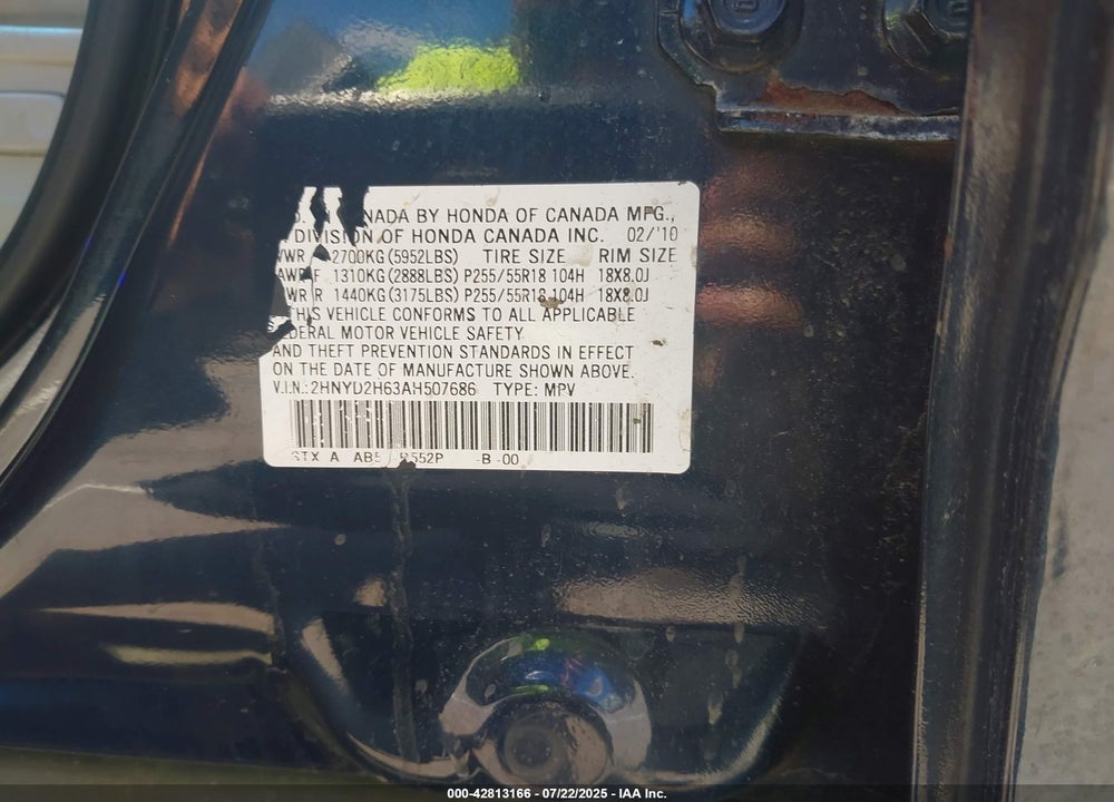 2010 ACURA MDX TECHNOLOGY PACKAGE VIN: 2HNYD2H63AH507686