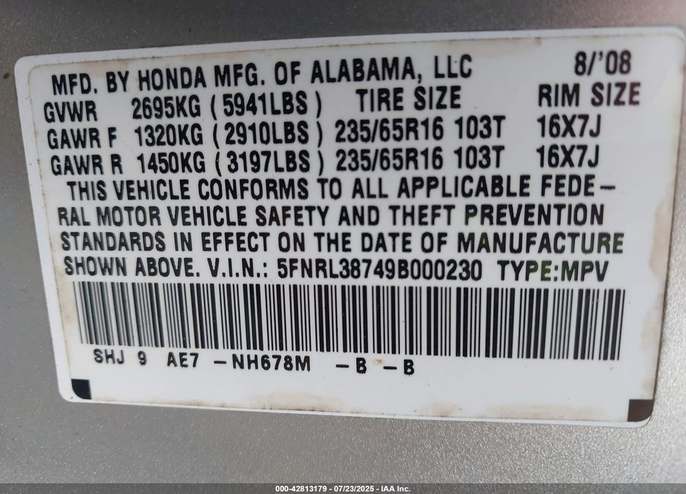 2009 HONDA ODYSSEY EX-L VIN: 5FNRL38749B000230