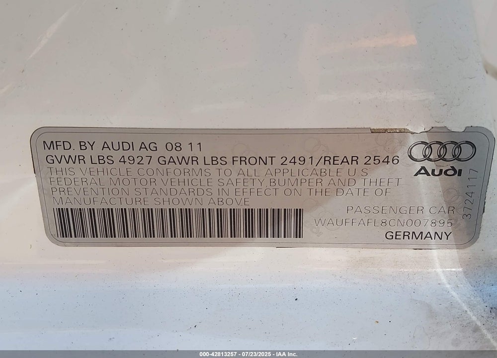 2012 AUDI A4 2.0T PREMIUM VIN: WAUFFAFL8CN007895