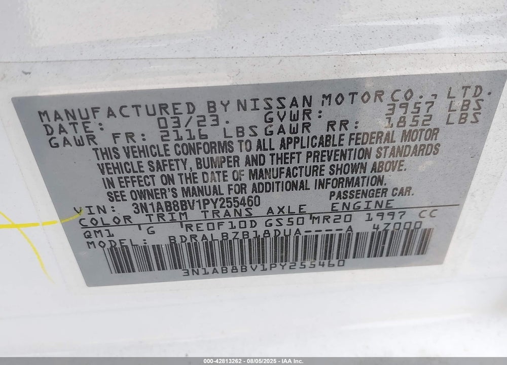 2023 NISSAN SENTRA VIN: 3N1AB8BV1PY255460