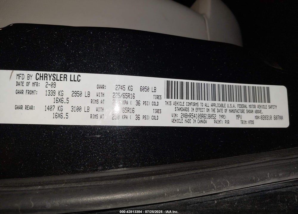 2009 CHRYSLER TOWN & COUNTRY TOURING VIN: 2A8HR54109R618052