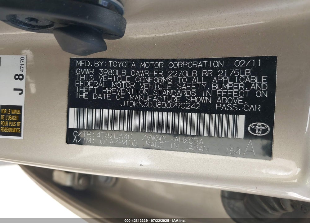 2011 TOYOTA PRIUS VIN: JTDKN3DU8B0290242