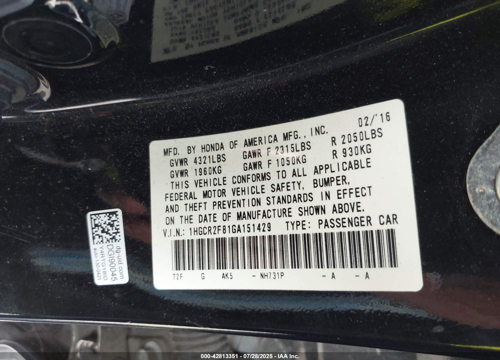 2016 HONDA ACCORD VIN: 1HGCR2F81GA151429