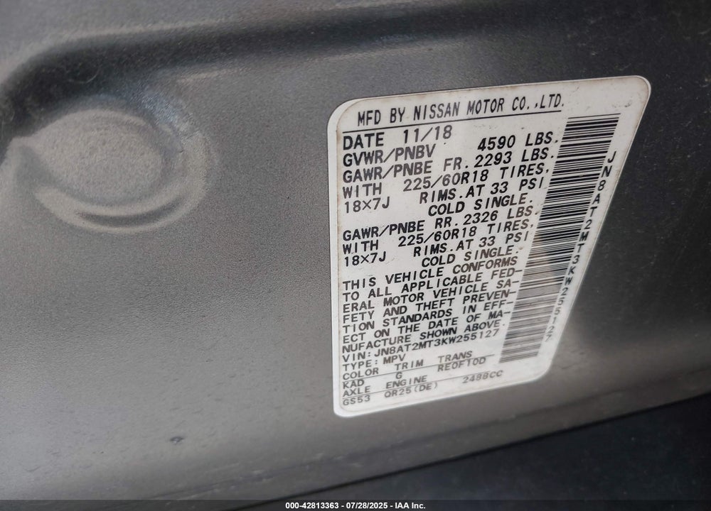 2019 NISSAN ROGUE SV VIN: JN8AT2MT3KW255127
