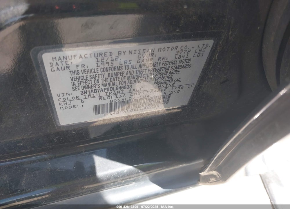 2013 NISSAN SENTRA VIN: 3N1AB7AP0DL646833