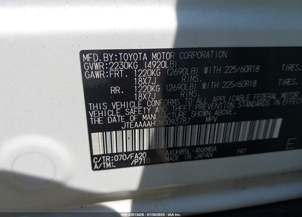 2022 TOYOTA VENZA VIN: JTEAAAAH0NJ093787