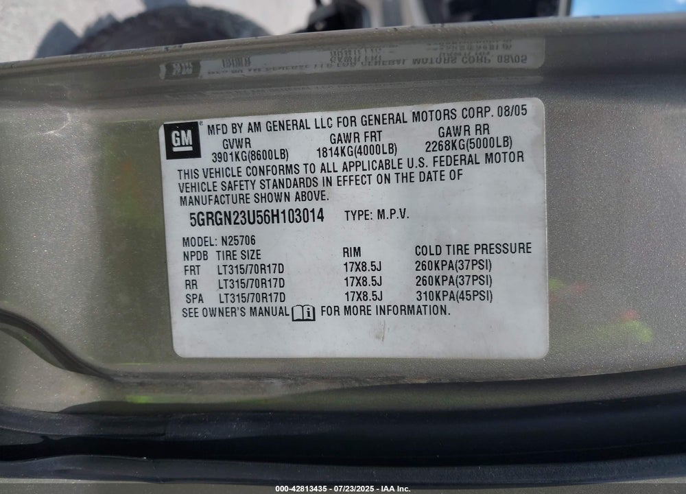2006 HUMMER H2 VIN: 5GRGN23U56H103014