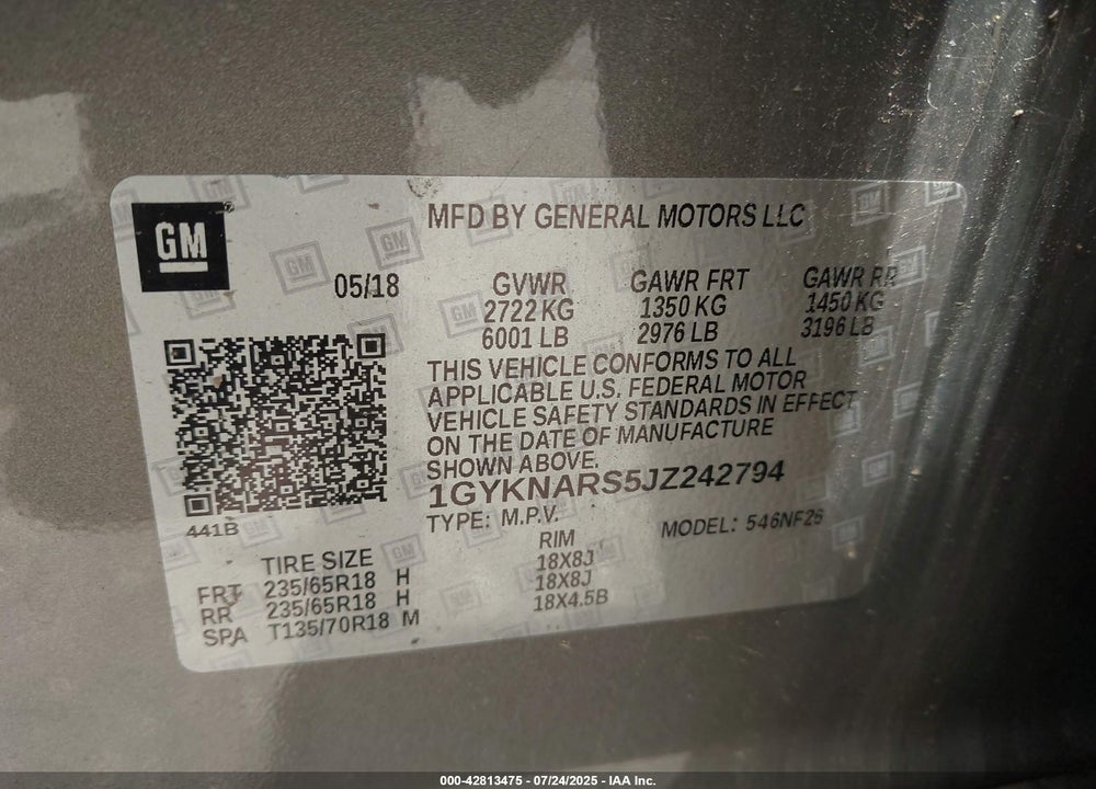 2018 CADILLAC XT5 VIN: 1GYKNARS5JZ242794