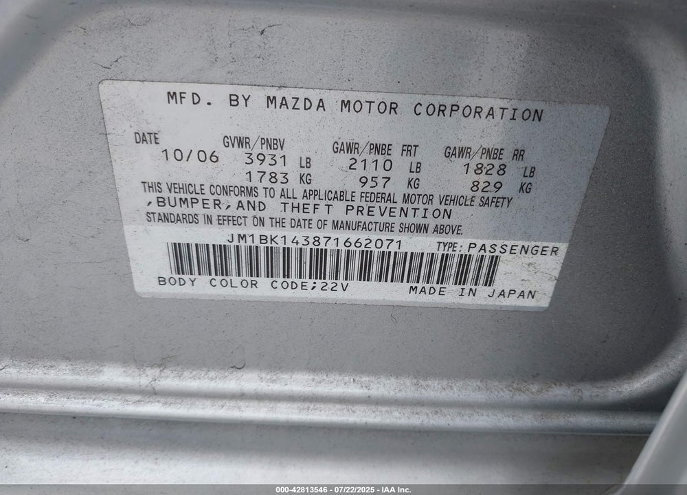 2007 MAZDA 3 VIN: JM1BK143871662071