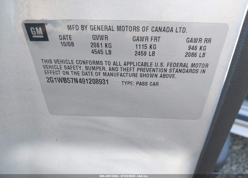 2009 CHEVROLET IMPALA VIN: 2G1WB57N491208931