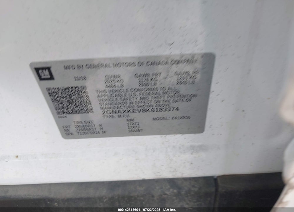 2019 CHEVROLET EQUINOX VIN: 2GNAXKEV8K6183374
