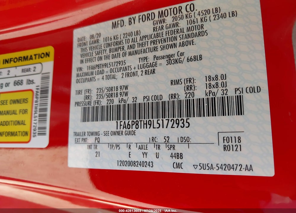 2020 FORD MUSTANG VIN: 1FA6P8TH9L5172935