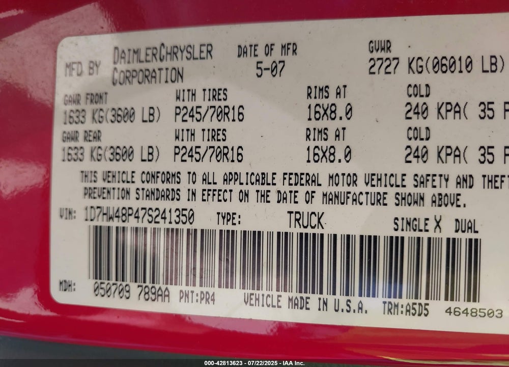 2007 DODGE DAKOTA SLT VIN: 1D7HW48P47S241350
