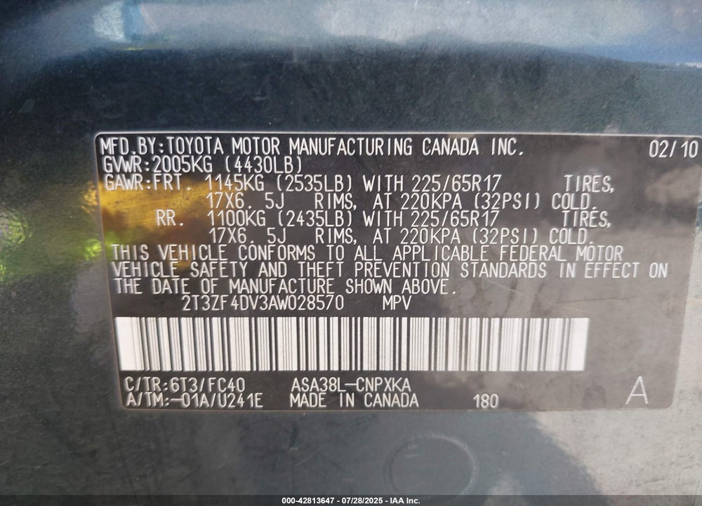 2010 TOYOTA RAV4 VIN: 2T3ZF4DV3AW028570