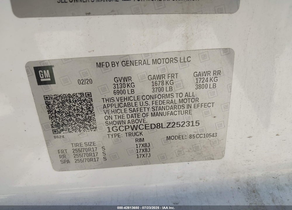 2020 CHEVROLET SILVERADO 1500 VIN: 1GCPWCED8LZ252315