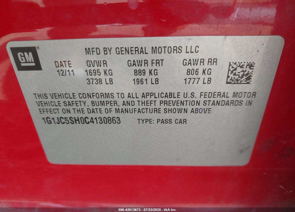 2012 CHEVROLET SONIC VIN: 1G1JC5SH0C4130863