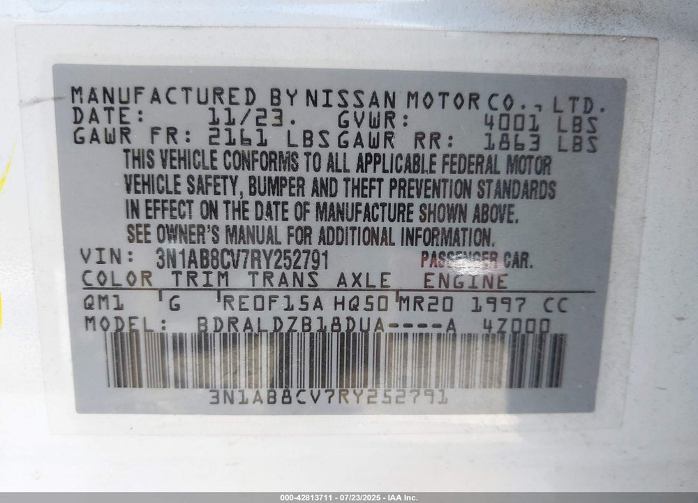 2024 NISSAN SENTRA VIN: 3N1AB8CV7RY252791