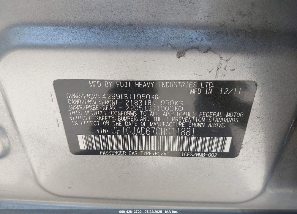2012 SUBARU IMPREZA VIN: JF1GJAD67CH011881