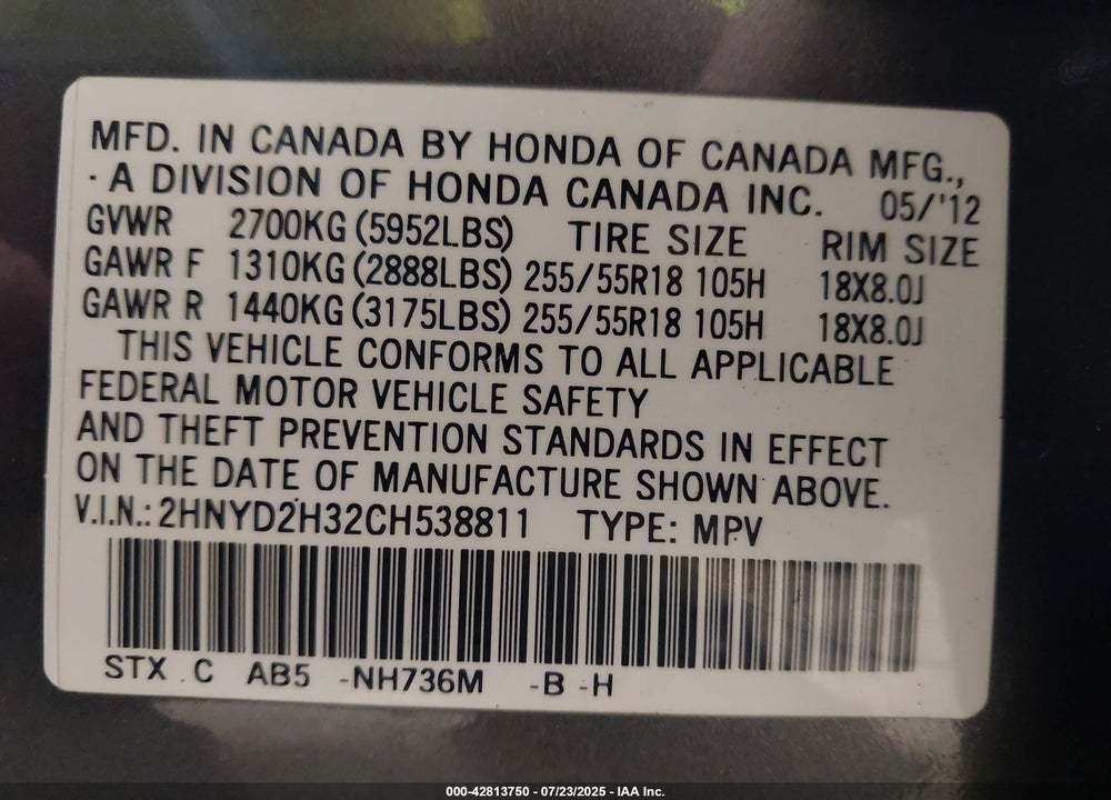 2012 ACURA MDX VIN: 2HNYD2H32CH538811