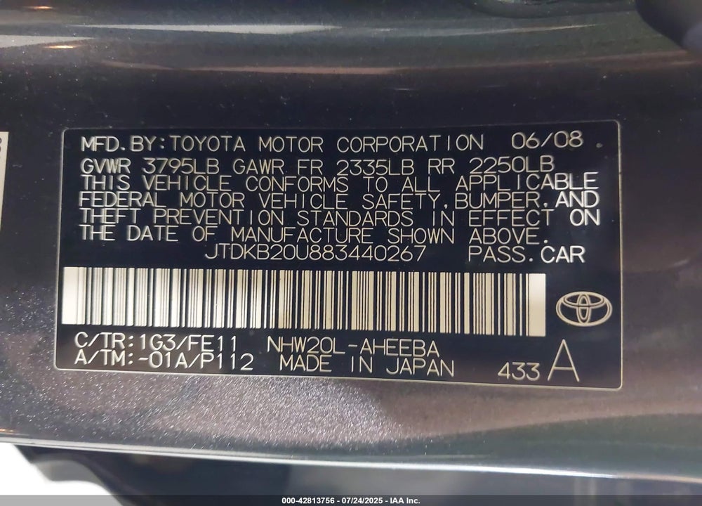 2008 TOYOTA PRIUS VIN: JTDKB20U883440267
