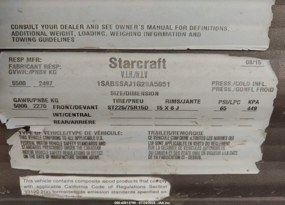 2016 STARCRAFT OTHER VIN: 1SABSSAJ1G29A5051