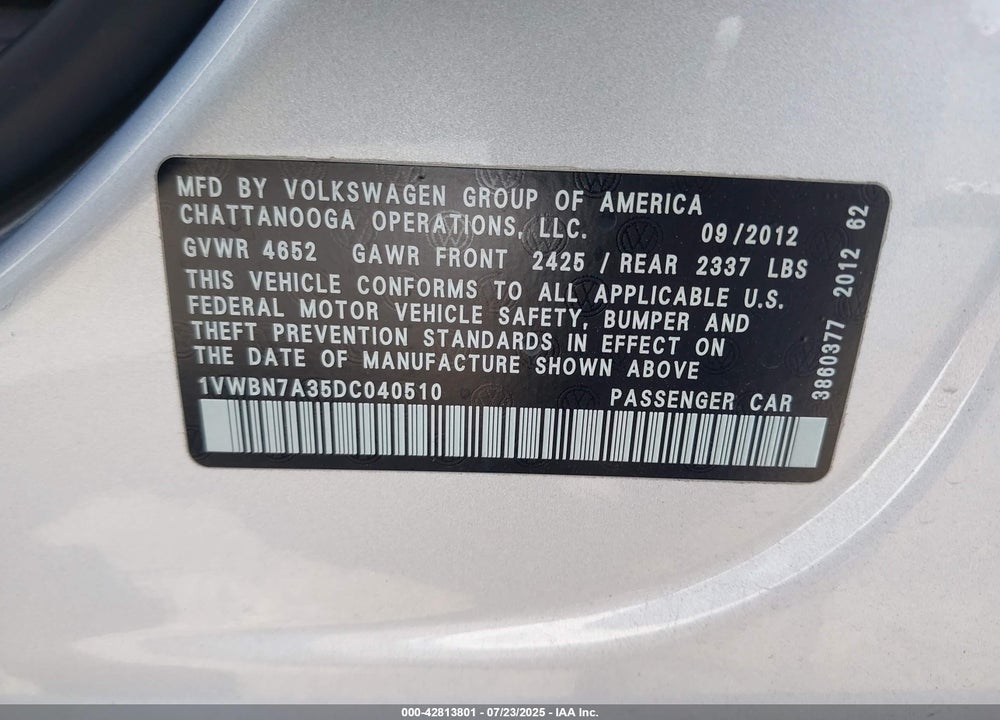 2013 VOLKSWAGEN PASSAT VIN: 1VWBN7A35DC040510