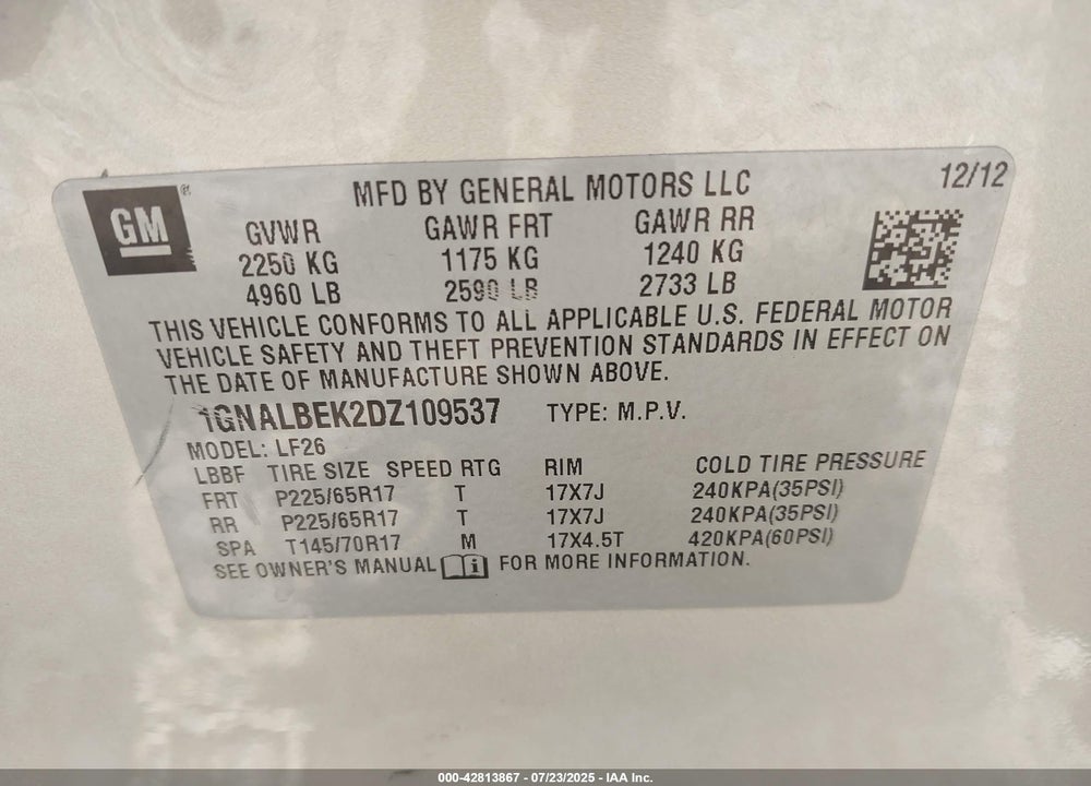 2013 CHEVROLET EQUINOX VIN: 1GNALBEK2DZ109537