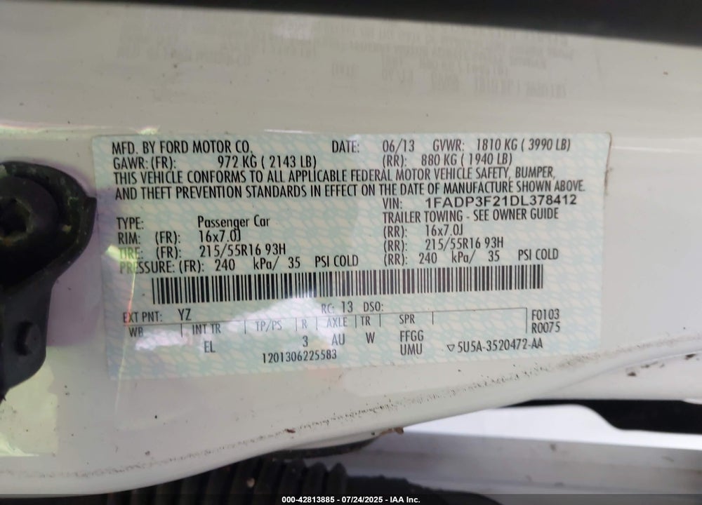 2013 FORD FOCUS VIN: 1FADP3F21DL378412