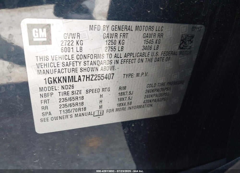 2017 GMC ACADIA VIN: 1GKKNMLA7HZ255407