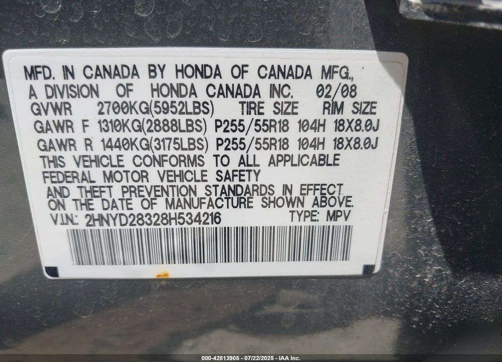 2008 ACURA MDX VIN: 2HNYD28328H534216