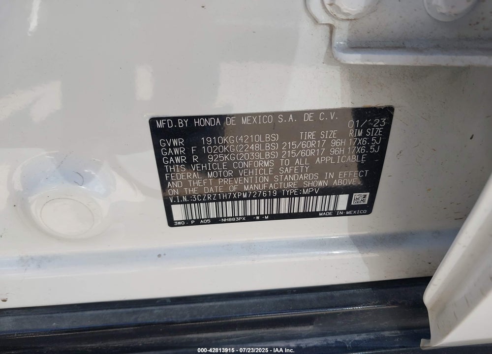 2023 HONDA HR-V VIN: 3CZRZ1H7XPM727619