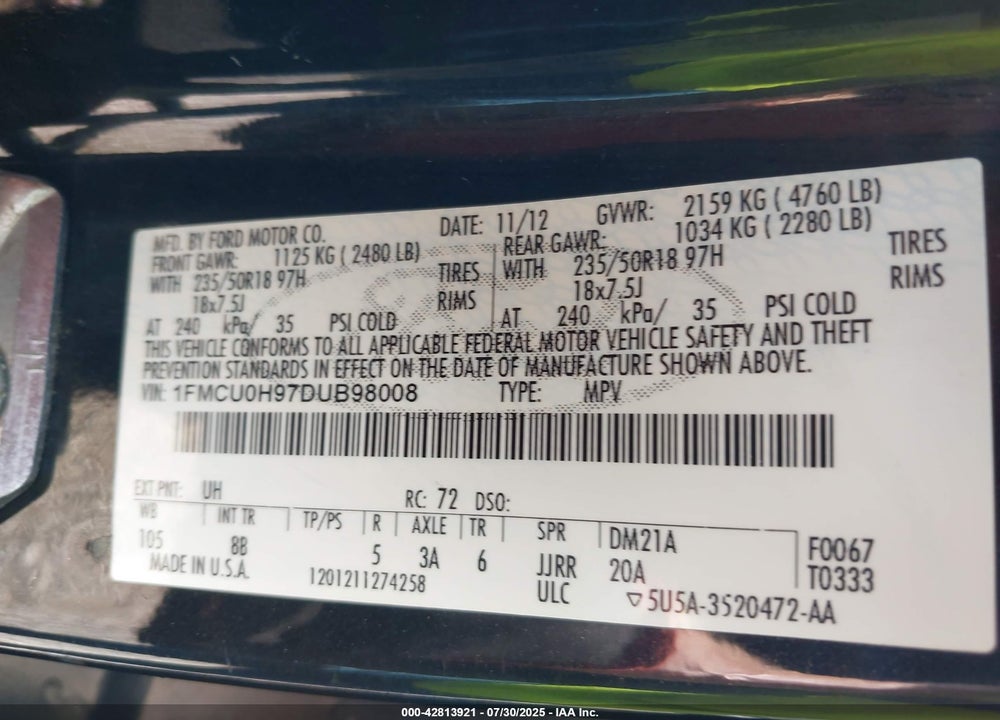 2013 FORD ESCAPE VIN: 1FMCU0H97DUB98008