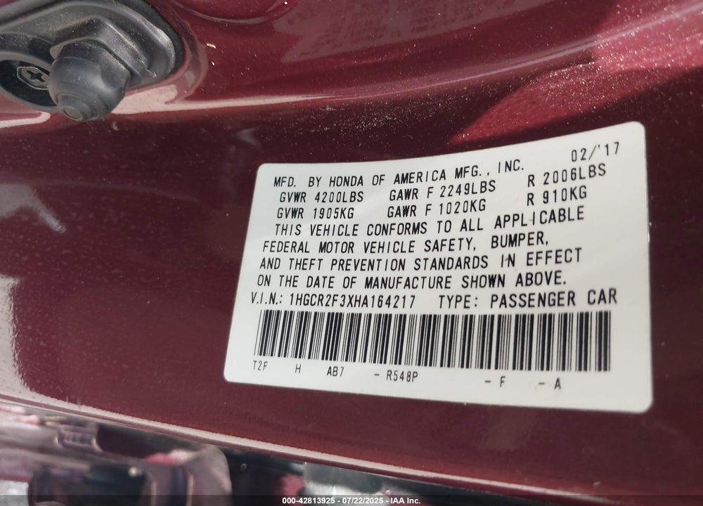 2017 HONDA ACCORD VIN: 1HGCR2F3XHA164217