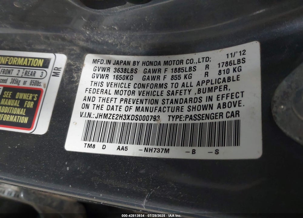 2013 HONDA INSIGHT VIN: JHMZE2H3XDS000793