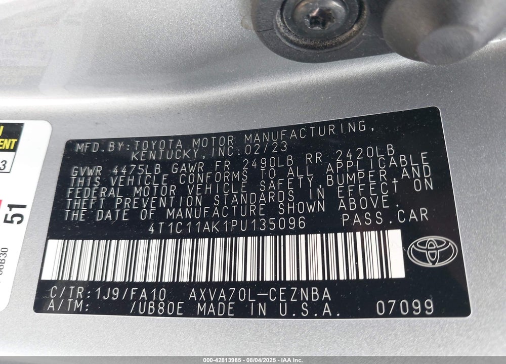 2023 TOYOTA CAMRY VIN: 4T1C11AK1PU135096