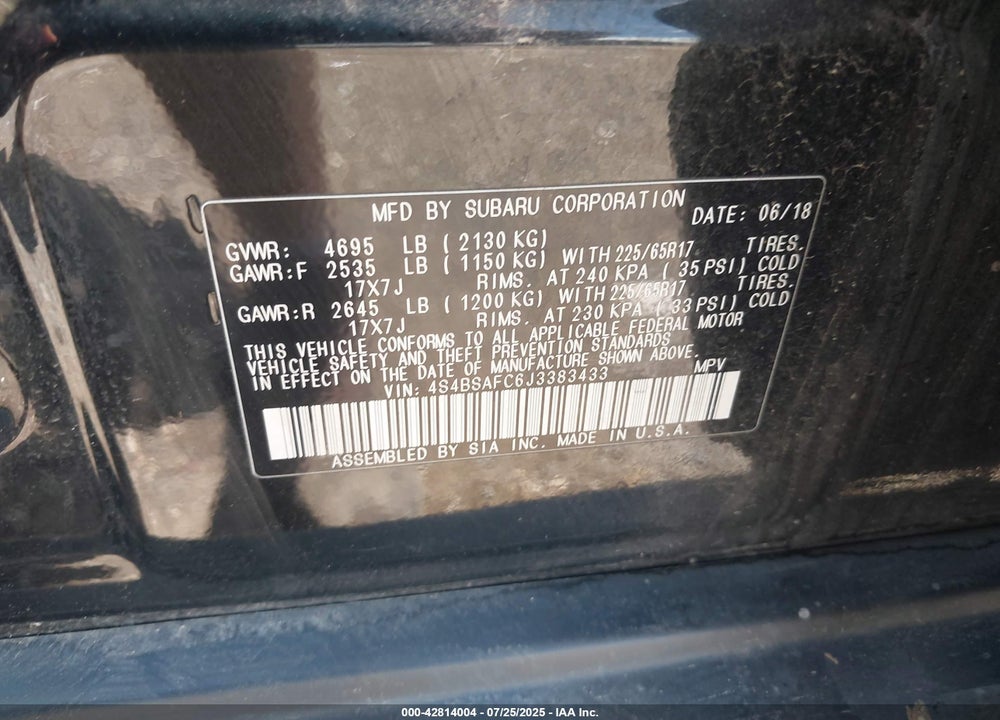 2018 SUBARU OUTBACK VIN: 4S4BSAFC6J3383433