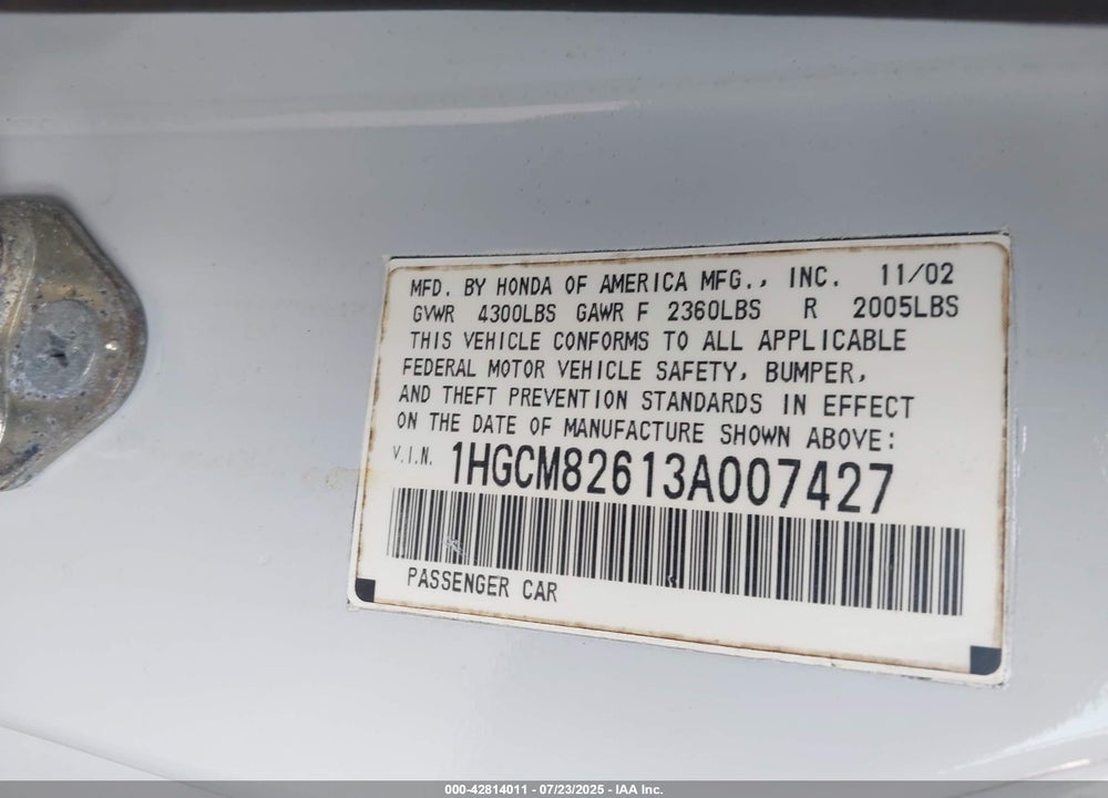 2003 HONDA ACCORD 3.0 EX VIN: 1HGCM82613A007427