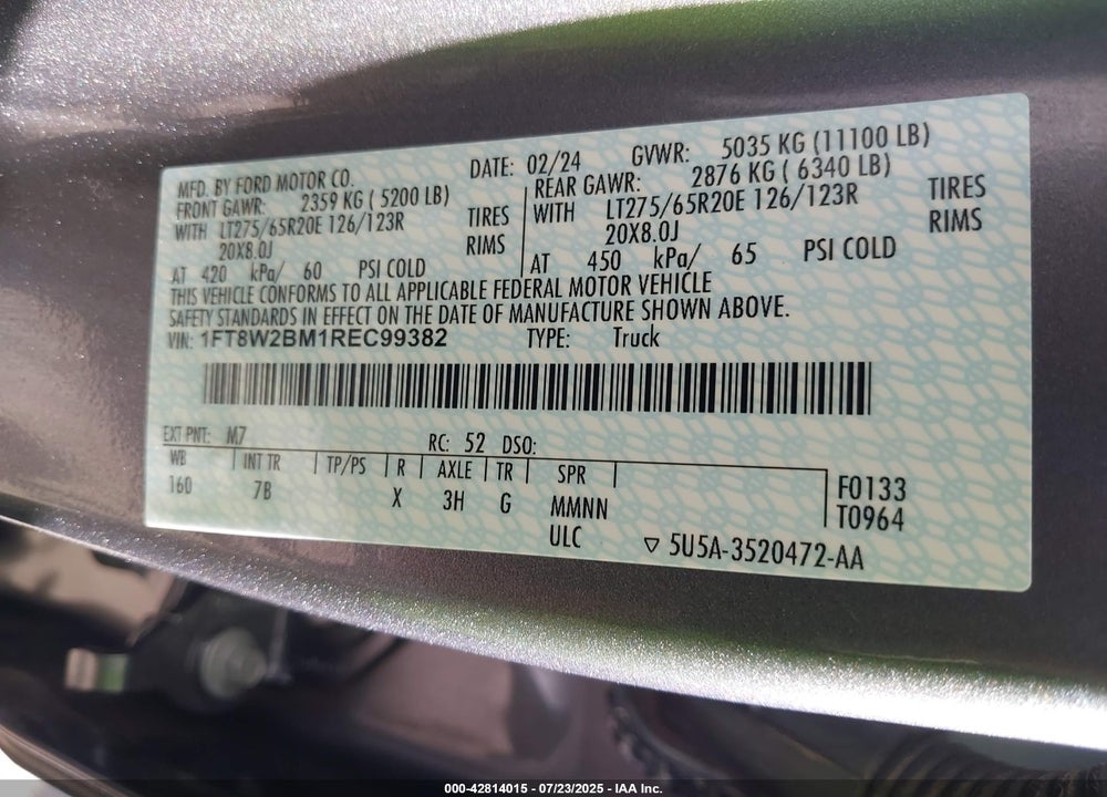 2024 FORD F-250 PLATINUM VIN: 1FT8W2BM1REC99382