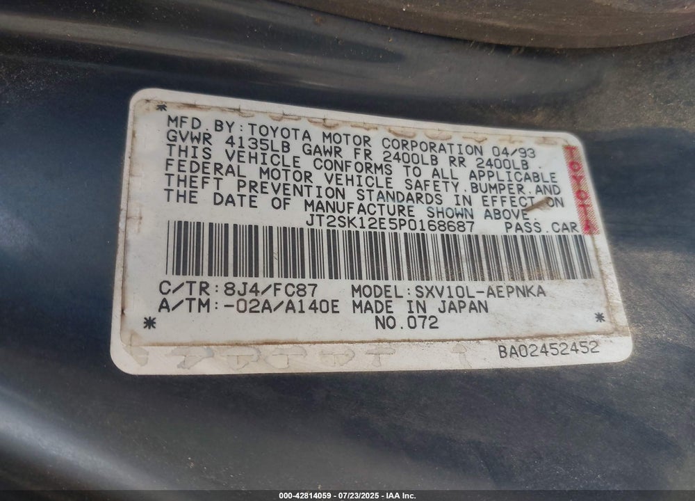 1993 TOYOTA CAMRY LE VIN: JT2SK12E5P0168687