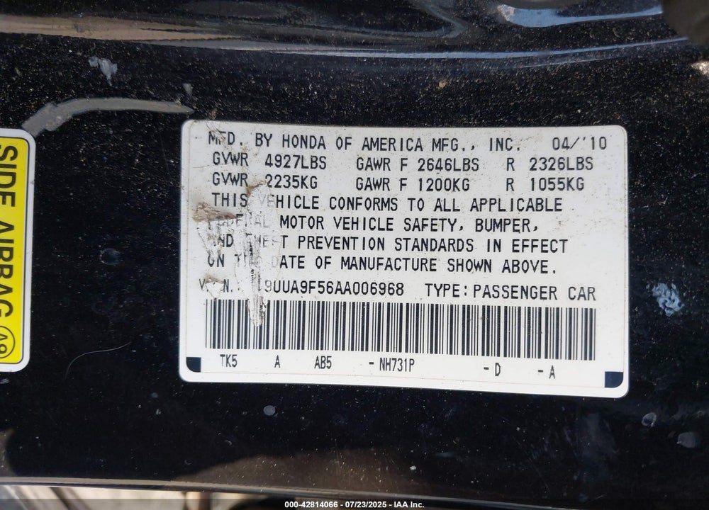 2010 ACURA TL 3.7 VIN: 19UUA9F56AA006968