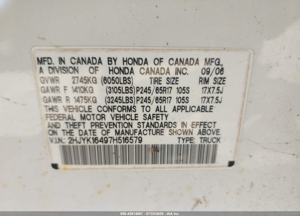 2007 HONDA RIDGELINE RTS VIN: 2HJYK16497H516579