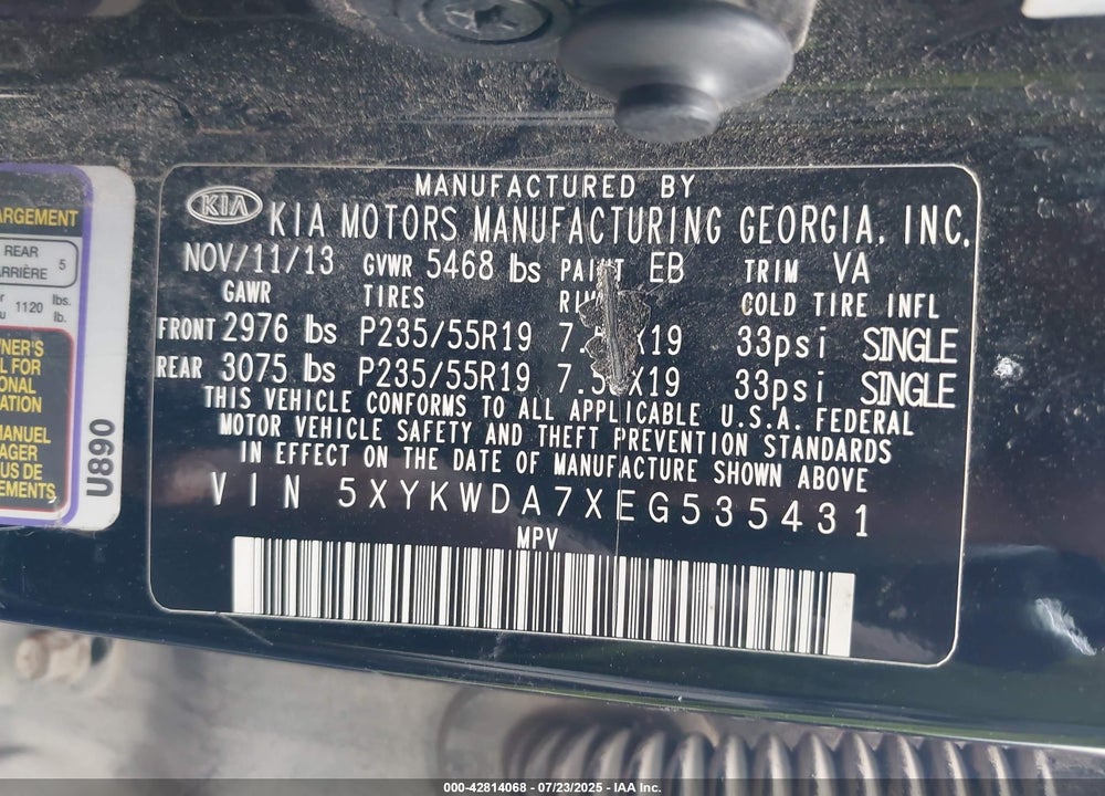 2014 KIA SORENTO VIN: 5XYKWDA7XEG535431