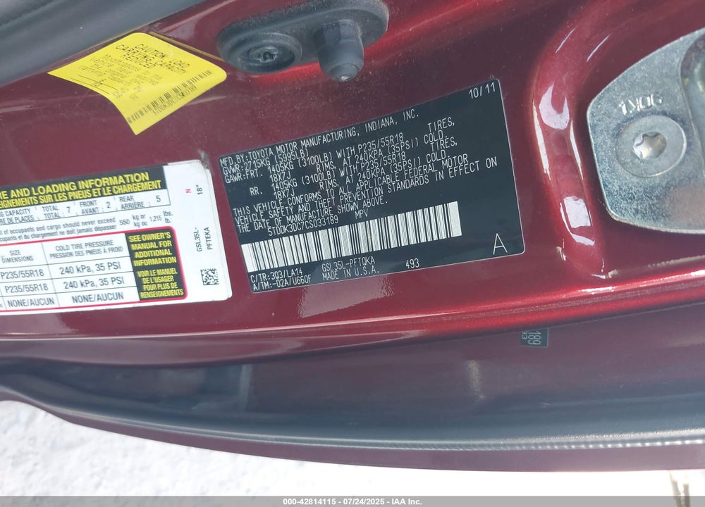 2012 TOYOTA SIENNA VIN: 5TDDK3DC7CS033189