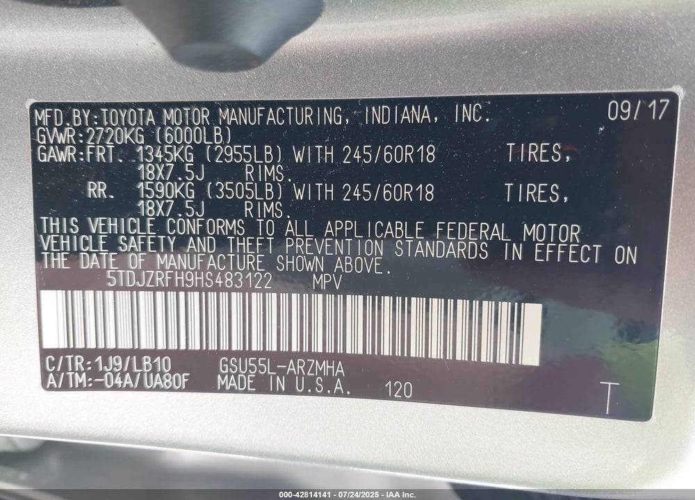 2017 TOYOTA HIGHLANDER VIN: 5TDJZRFH9HS483122