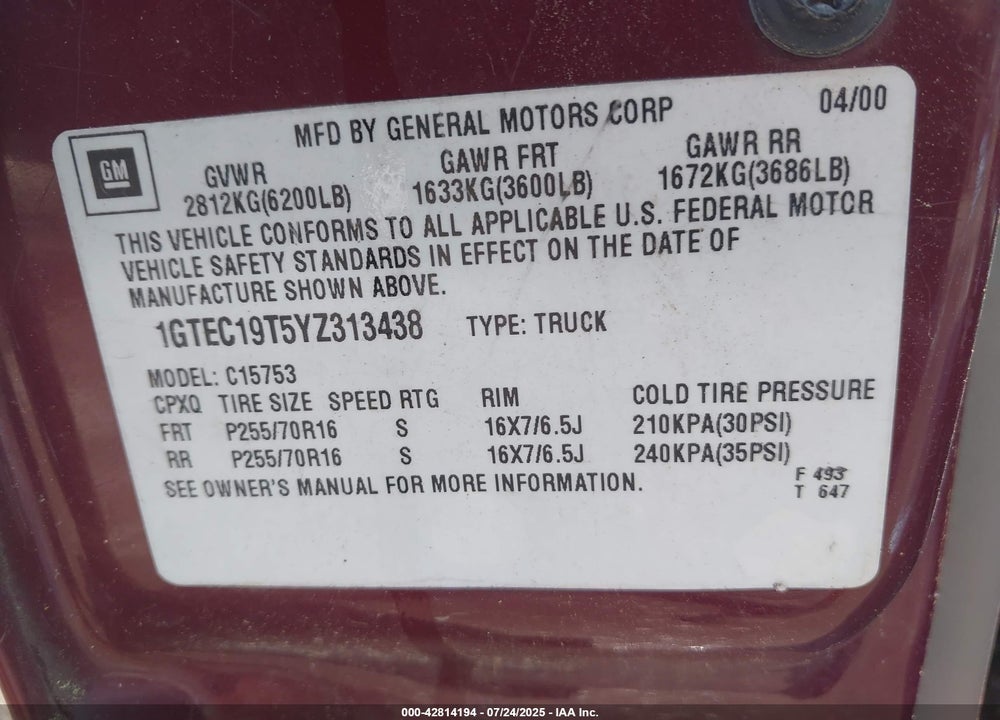2000 GMC SIERRA 1500 SLE VIN: 1GTEC19T5YZ313438