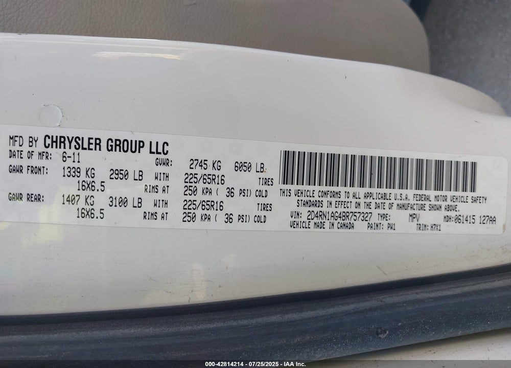 2011 DODGE GRAND CARAVAN VIN: 2D4RN1AG4BR757327