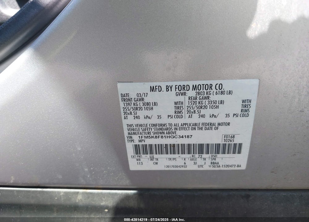 2017 FORD EXPLORER VIN: 1FM5K8F81HGC34187