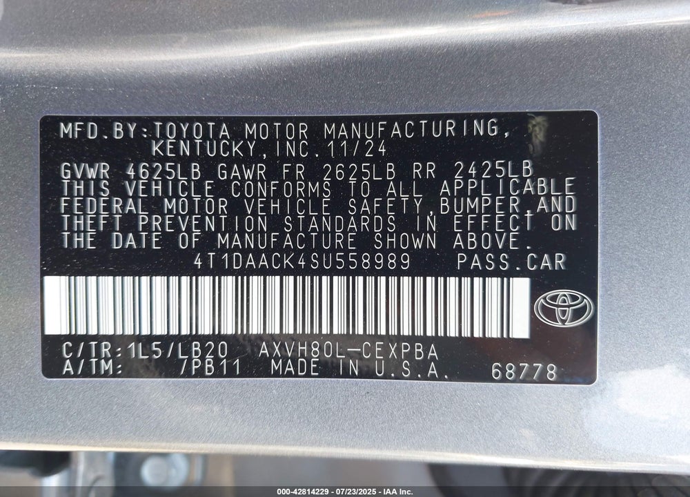 2025 TOYOTA CAMRY VIN: 4T1DAACK4SU558989