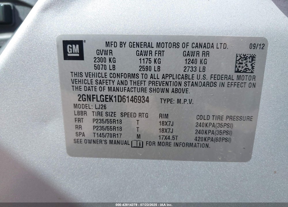 2013 CHEVROLET EQUINOX VIN: 2GNFLGEK1D6146934